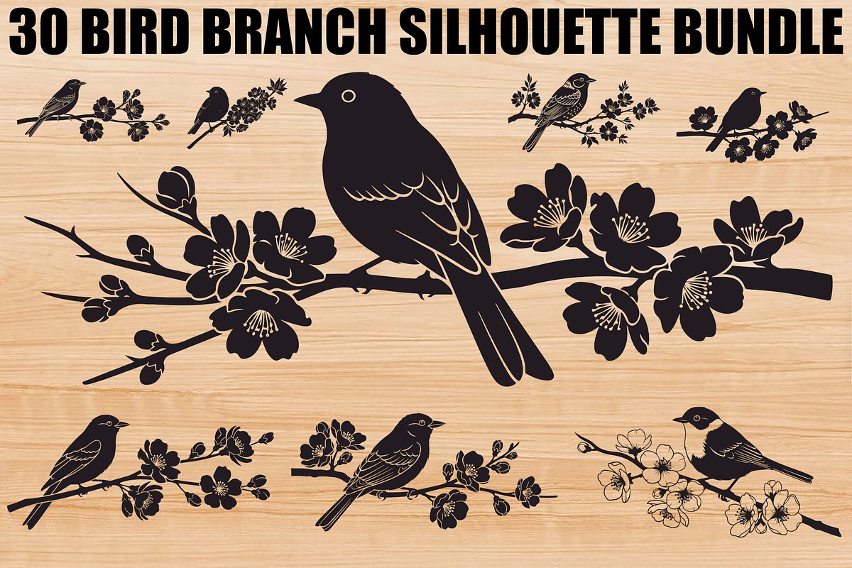 Bird Branch Silhouette Bundle, an Illustration by yasushie (Photo 1 of 31)