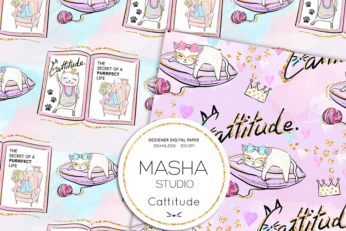 CATTITUDE digital papers, a Pattern Graphic by Masha  Studio (Photo 5 of 9)