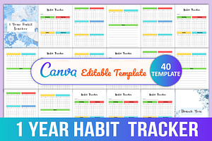 Editable 1 Year Habit Tracker, a Stationery Template by Designmela01