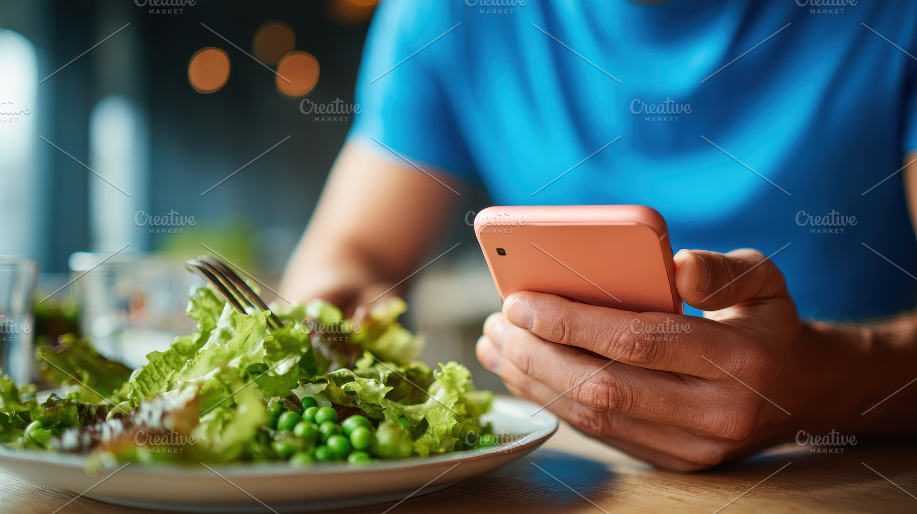 Man eating healthy salad using smart, a Photo by Pixeness Studio