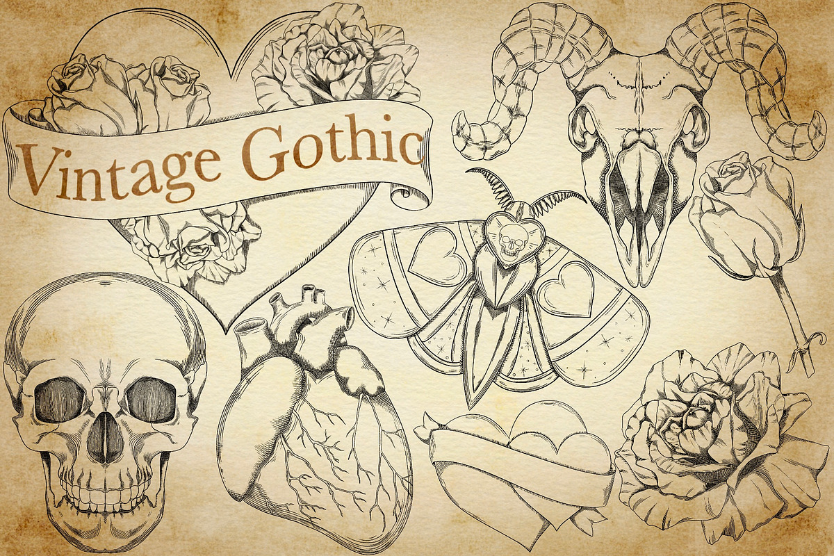 Valentines Vintage Gothic clipart, a Seasonal Illustration by Happy Sloth Graphics (Photo 1 of 9)