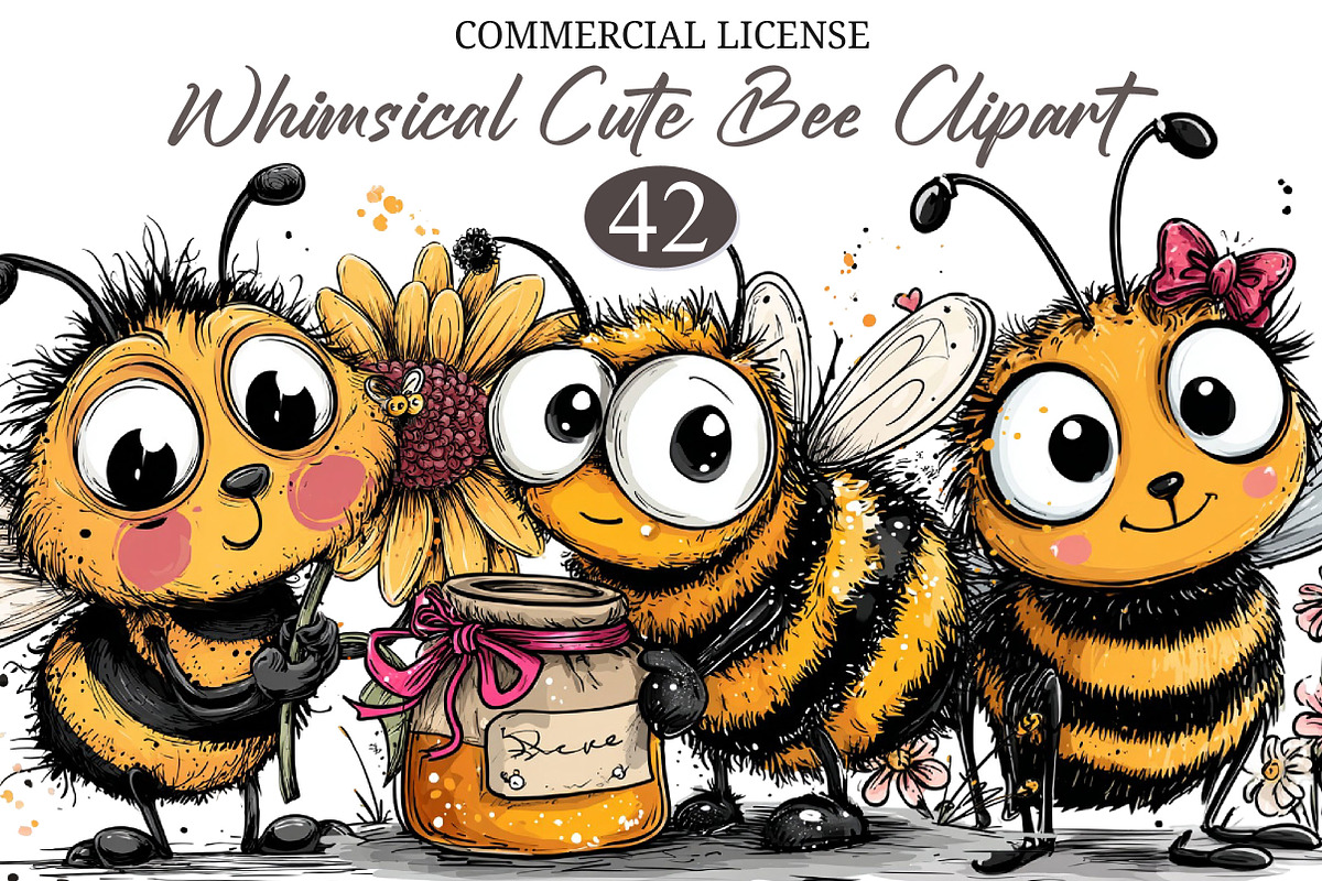 Whimsical Cute Bee Clipart, a Seasonal Illustration by designcity5 (Photo 1 of 5)
