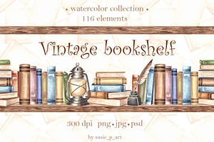 Vintage bookshelf watercolor clipart