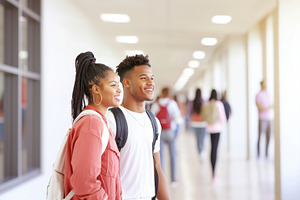 Young african american college students smiling in hallway, a Photo by Dvoevnore photos