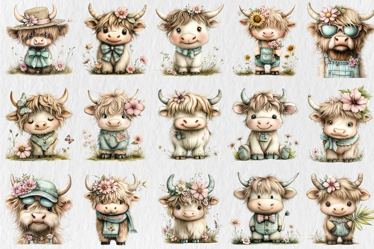 Watercolor Summer Highland Cow Clipa, a Seasonal Illustration by Rose Art (Photo 2 of 6)
