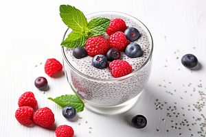 Chia pudding with berries and granola in glass, a Food & Drink Photo by AlyaAnd