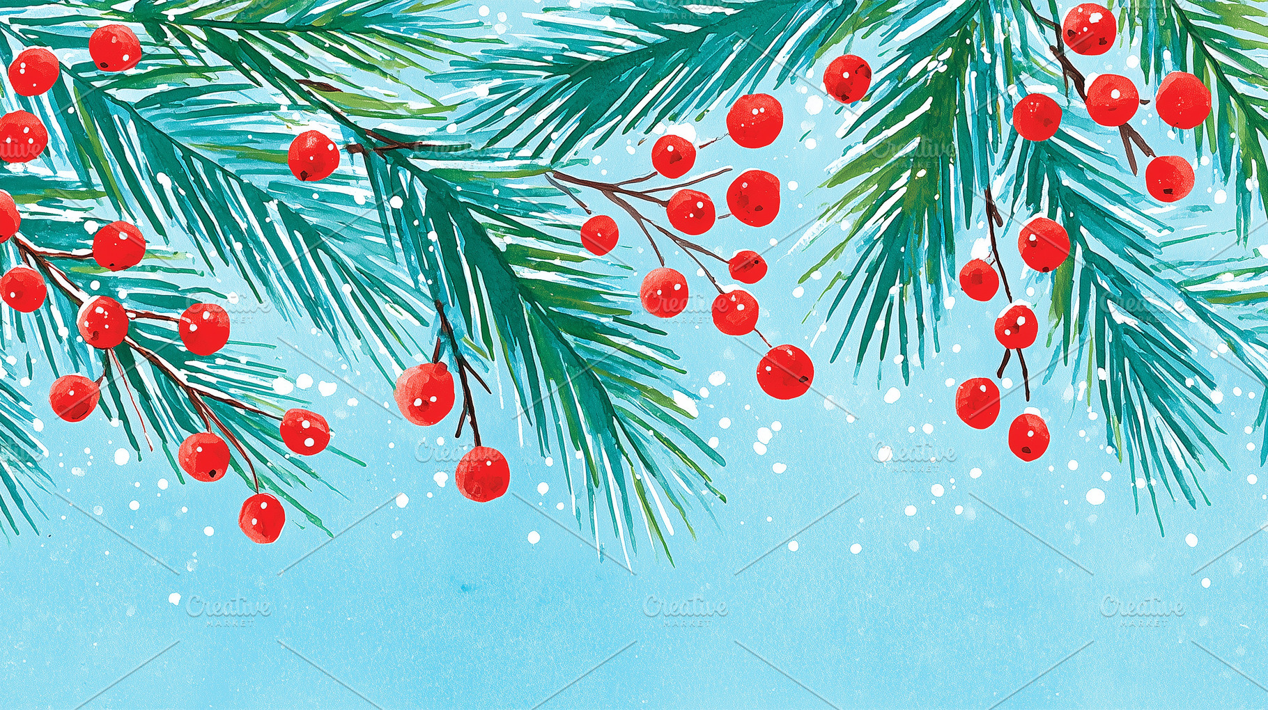 Festive watercolor pine branches and, a Holiday Photo by MistyDay