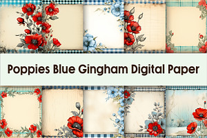 Poppies Blue Gingham Digital Paper