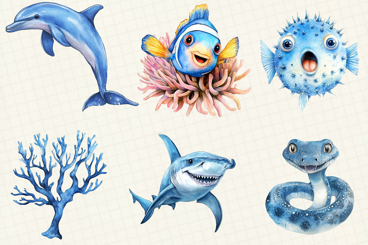 Watercolor Blue Ocean Animals Clipar, an Illustration by OK Design (Photo 3 of 5)