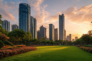 Sunset over a city park with skyscra, a Photo by Pavel_design