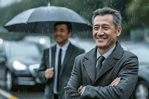 Smiling businessman in rainy weather with a colleague holding an umbrella nearb, a Photo by AS photostudio