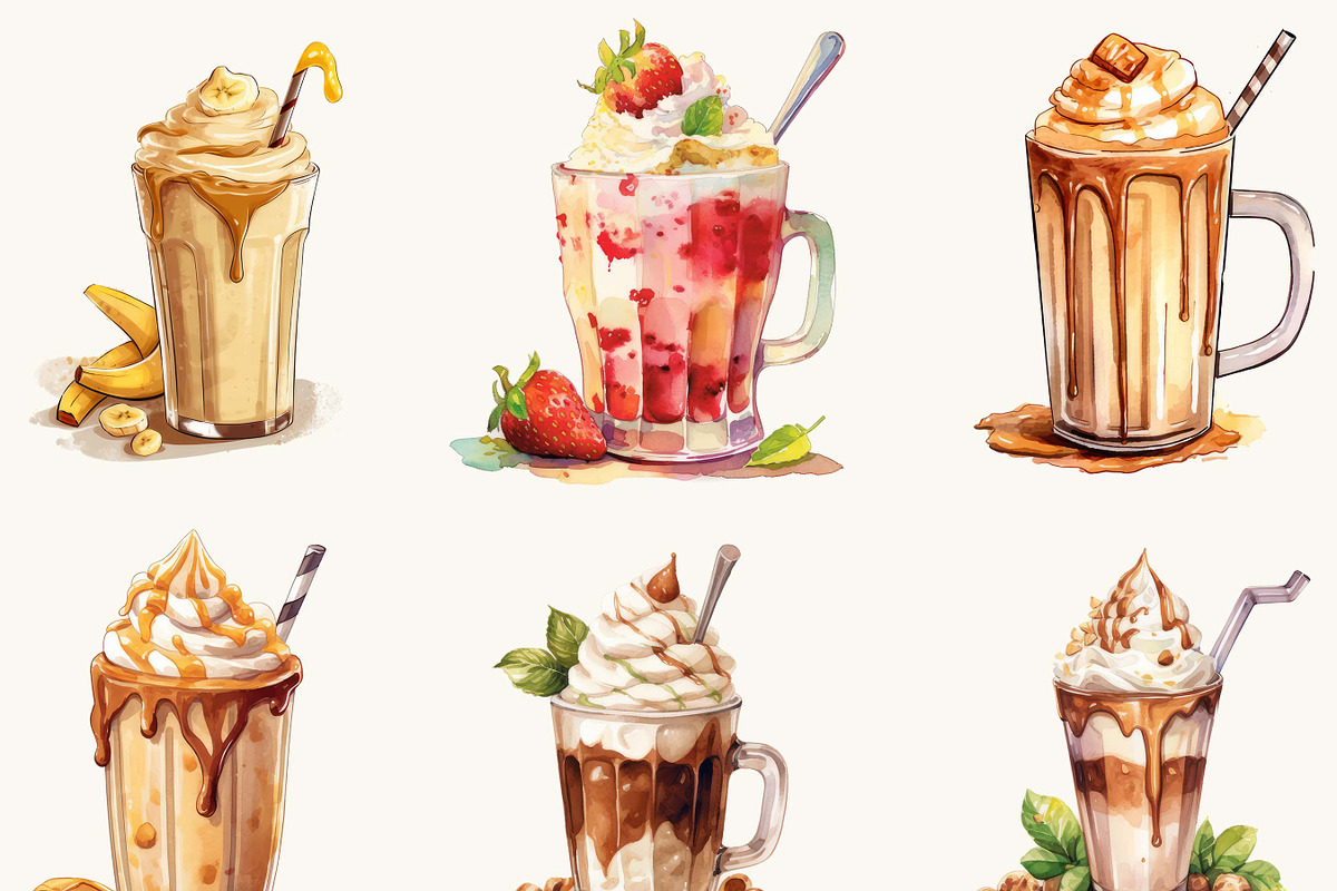 Watercolor Thick Shakes Clipart, a Food Illustration by BusyDaydesign (Photo 2 of 9)