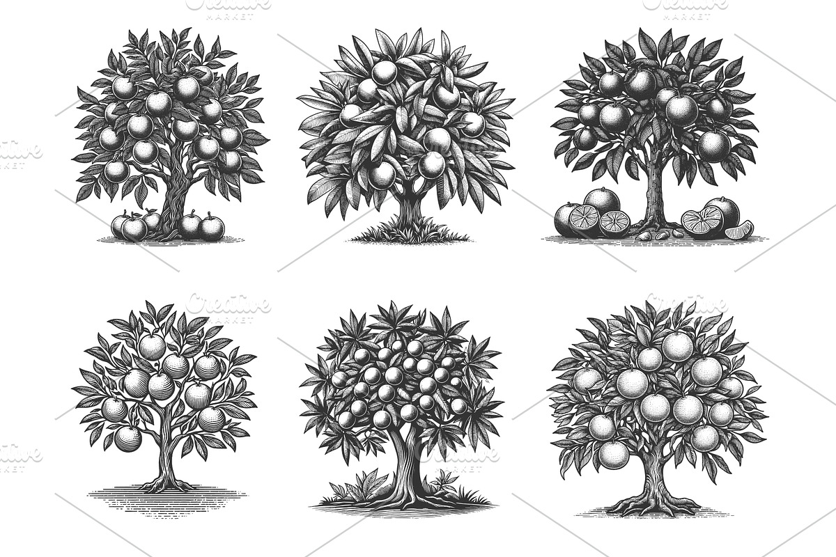 citrus fruit tree engraving set, an Object Illustration by AlexArt