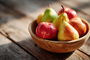 Fresh apples and pears in a wooden bowl, a Food & Drink Photo by AlyaAnd