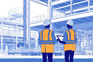 Two engineers inspecting a construction site with tablet collaboration, an Illustration by AS photostudio