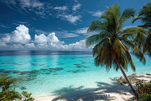 Beautiful tropical beach with palm, a Photo by Pavel_design