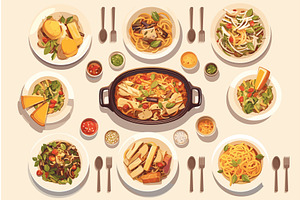 Cartoon table with plates with, a Food Illustration by LadadikArt