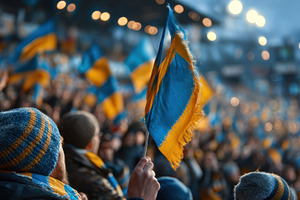 Fan holds Ukrainian flag at stadium, a Photo by Pixeness Studio
