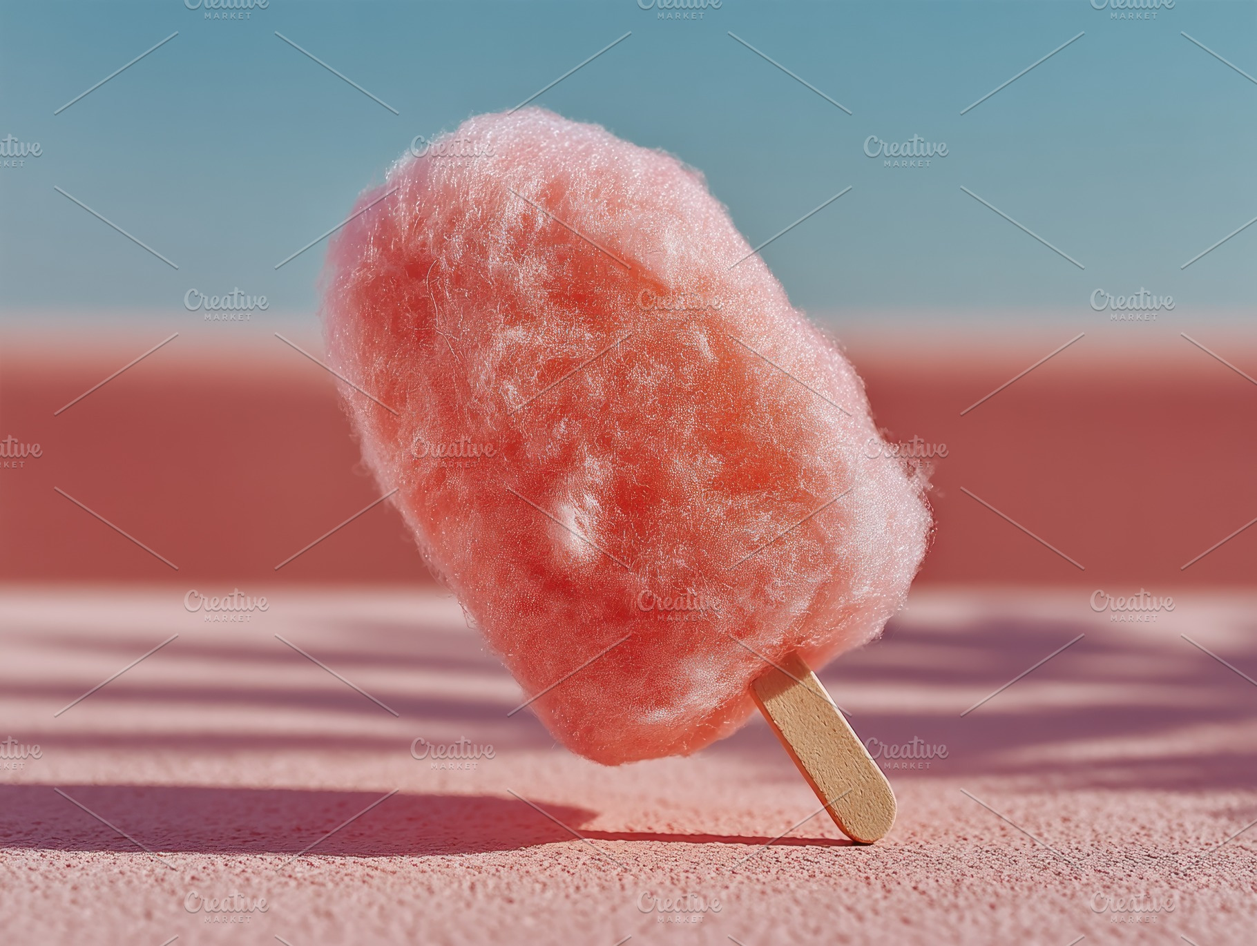 Pink cotton candy on a wooden stick standing upright on a pastel, a Holiday Photo by José Manuel Gelpi