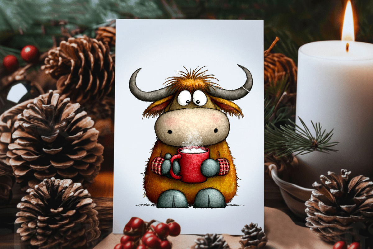 Funny Christmas Highland Cow Clipart, an Illustration by Dream Creation (Photo 6 of 7)