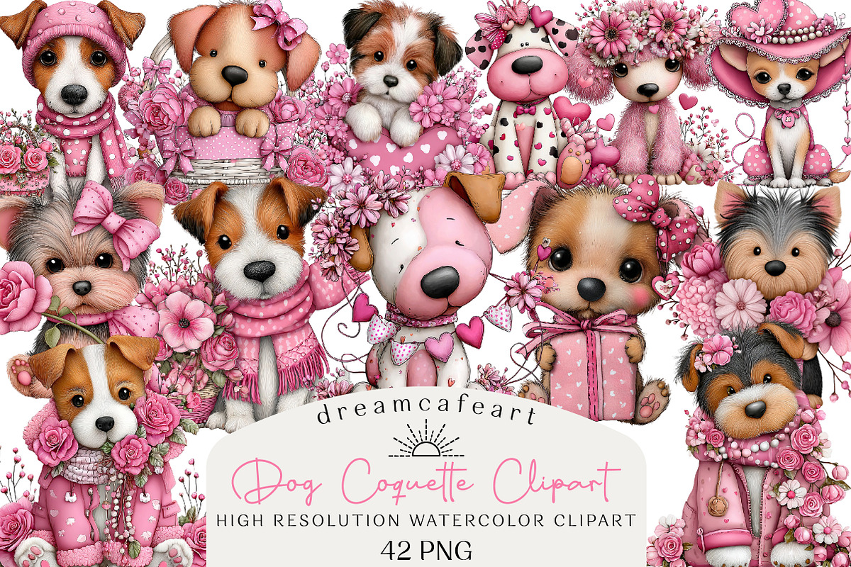 Valentine’s Day Dog Coquette Clipart, an Illustration by DreamCafeArt (Photo 1 of 6)