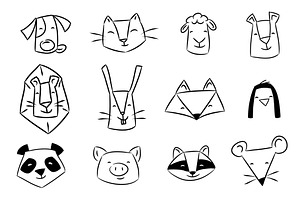 Black and white cartoon animals set.
