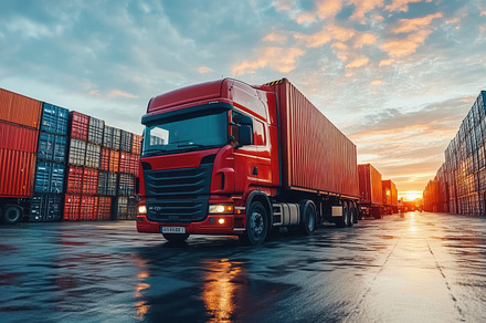 Red truck transporting cargo contain, a Background Photo by Pixeness