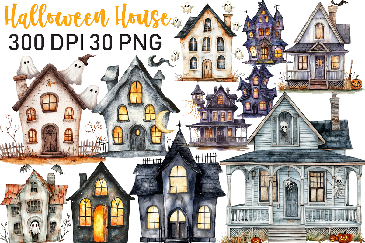 Watercolor Halloween House Clipart, an Illustration by Black Bird Studio (Photo 1 of 6)