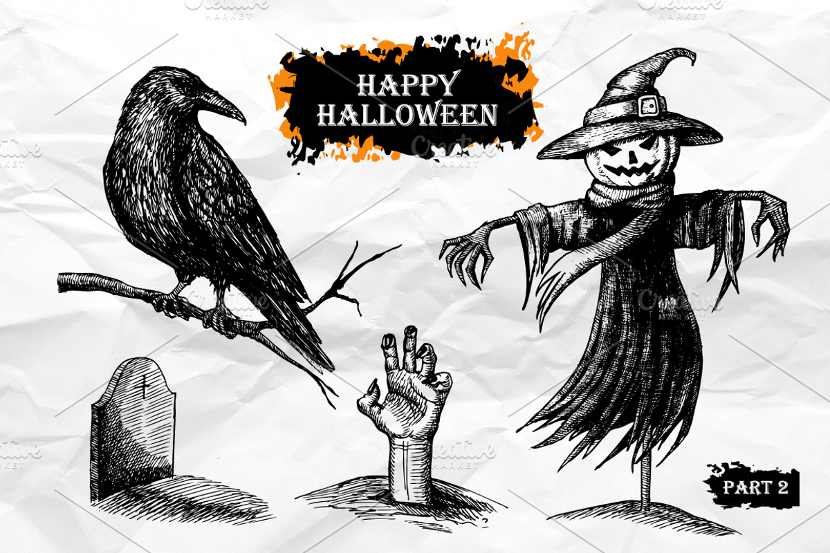 Halloween. Hand Drawn Vintage Set, an Illustration by Epine