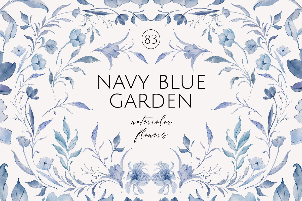 NAVY BLUE GARDEN watercolor flowers, a Decorative Illustration by Yuliia Lashevska (Photo 1 of 14)