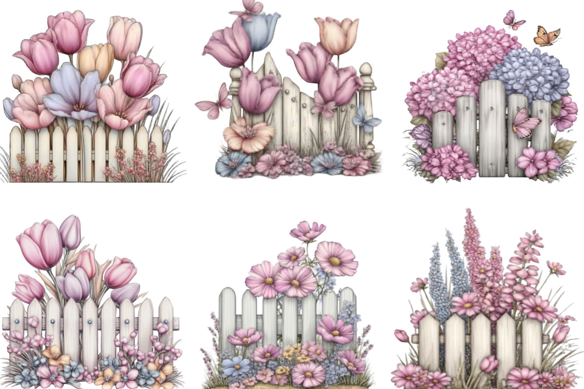 Watercolor Fence Flowers Clipart, an Illustration by Designking (Photo 5 of 5)