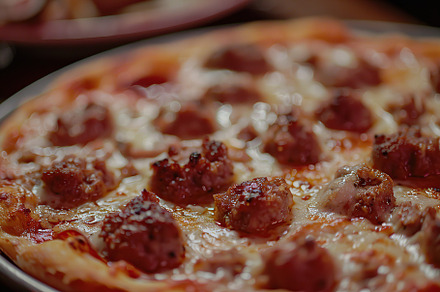 Fresh homemade pizza with cheese and meat, a Food & Drink Photo by AlyaAnd
