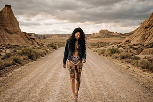 Tattooed Woman Walking Barefoot, a Person Photo by Virgo Studio