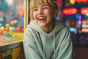 Joyful Girl Laughing at Nighttime, a Person Photo by Ocean Digital Art