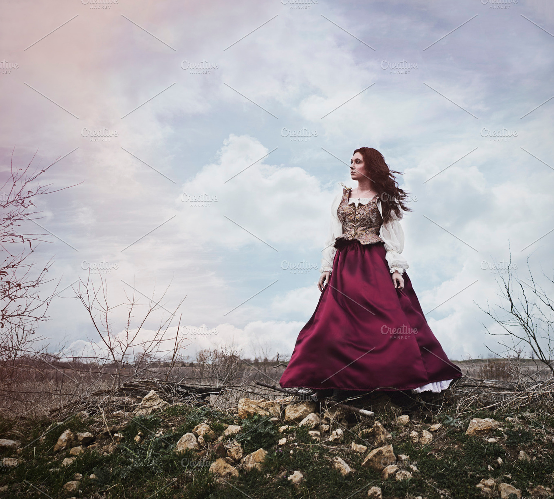 Renaissance Woman Stands On Hill