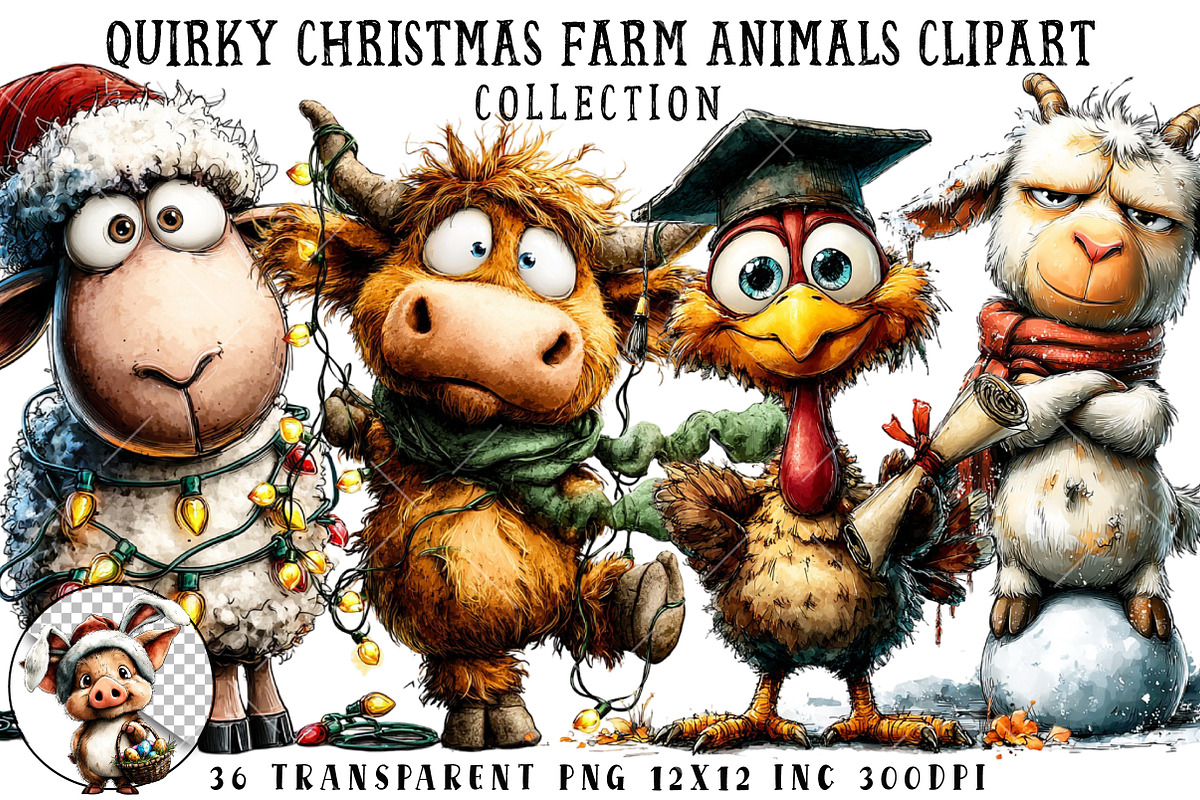 Quirky Christmas Farm Animals Clipar, an Illustration by OK Design (Photo 1 of 6)