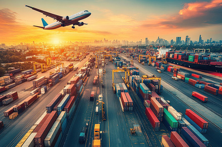 Airplane flying over a busy cargo po, a Background Photo by Pixeness