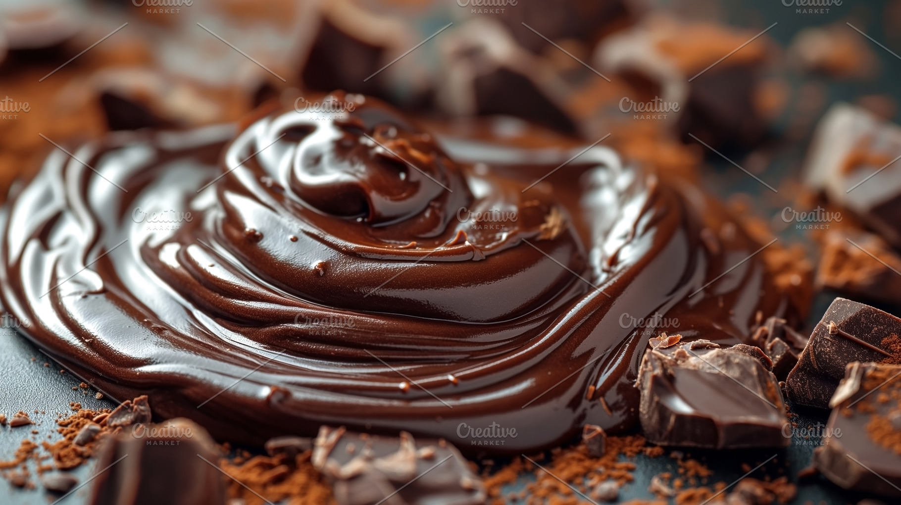 Rich, glossy dark chocolate spread artistically swirled on a sur, a Food & Drink Photo by ImageMir