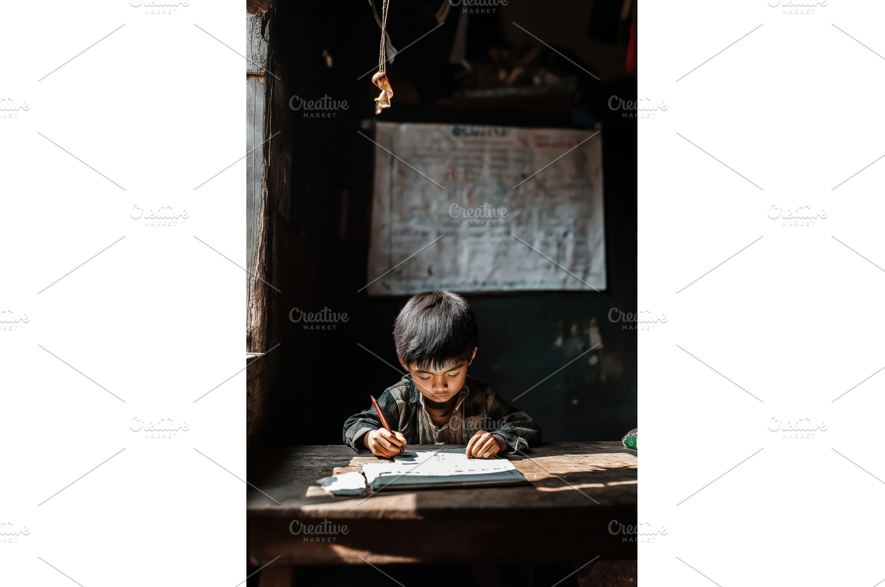 Asian boy concentrating on writing, a Person Photo by Sergey Kotenev