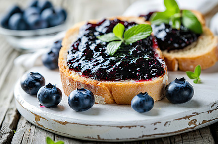 Toast breads with sweet blueberry jam on wooden table, a Food & Drink Photo by AlyaAnd