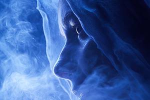 Portrait of a figure shrouded in mist with a blue hue in a mystical atmosphere, an Arts & Entertainment Photo by AlyaAnd