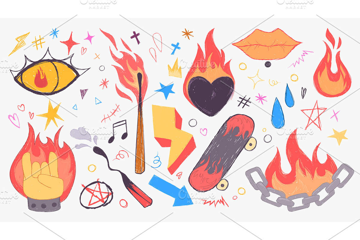 Doodle fire icons set isolated on, an Illustration by art PVP - market