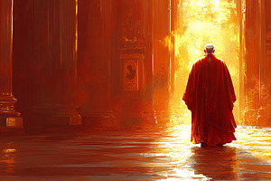 Man in red and white robes walking towards glowing doorway in church, an Illustration by AS photostudio