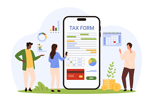 Filling out tax form in mobile, a Person Illustration by Flashvector