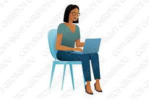 Woman Using Laptop Computer Cartoon, a Person Illustration by Christos Georghiou