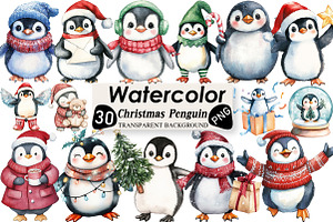 Watercolor Christmas Penguin Clipart, an Illustration by Black Bird Studio