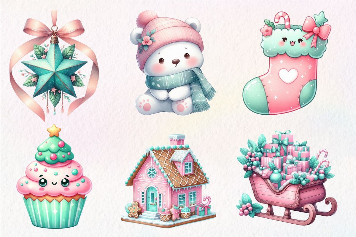 Kawaii Pink Mint Christmas Clipart, an Illustration by Dream Creation (Photo 2 of 7)
