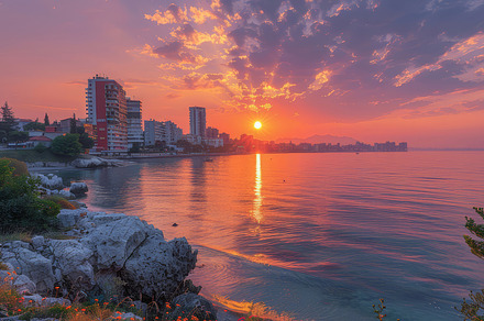 Spectacular Sunrise Over Durres Port City With Colorful Sky and Calm Sea, a Photo by AS photostudio