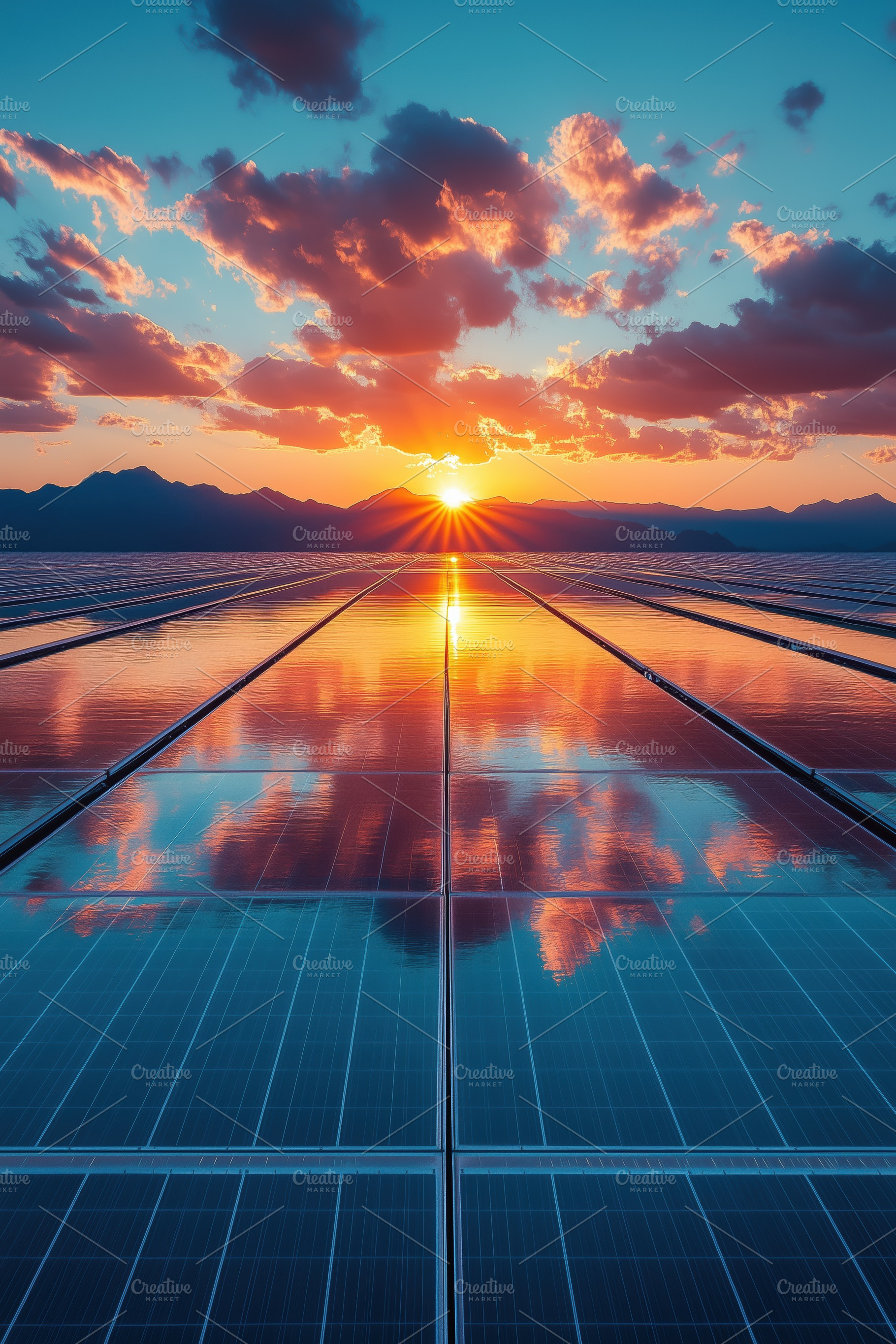 A stunning sunset over a solar farm, with solar panels reflecting the vibrant c, a Technology Photo by Textures & Backgrounds