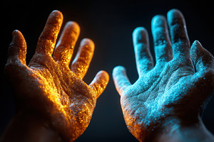 Glitter-covered hands in blue and orange dramatic light, a Person Photo by AlyaAnd